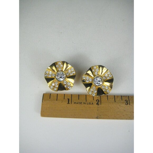 Vintage Givenchy Gold Tone Rhinestone Clip On Earrings Round Wavy Design - Picture 2 of 9